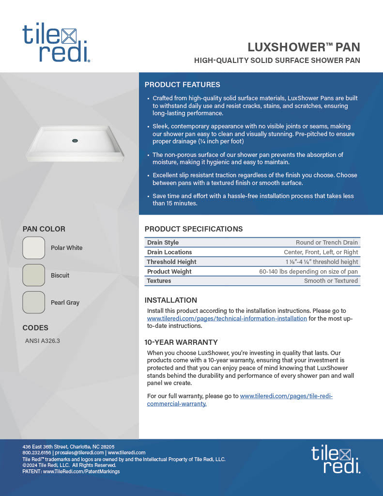 Technical Spec Sheet - LuxShower Pan