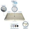 Redi Base® 37 In x 54 In Single Curb Shower Pan with Left Drain and Round Polished Chrome Drain Grate